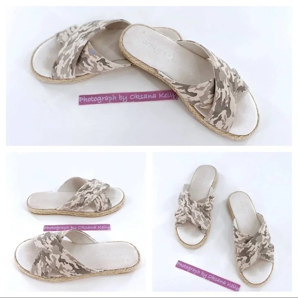 J/Slides Reva Camo Espadrille Sandal Leather Sz 6